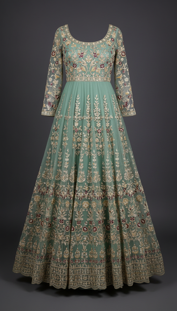 Jade Mist Chiffon Maxi Dress with Embroidery