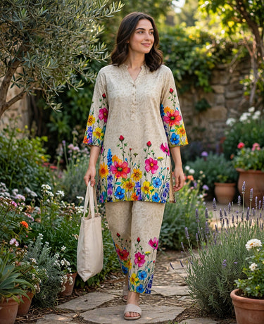 Beige Garden Bloom Printed 2-Piece Set*